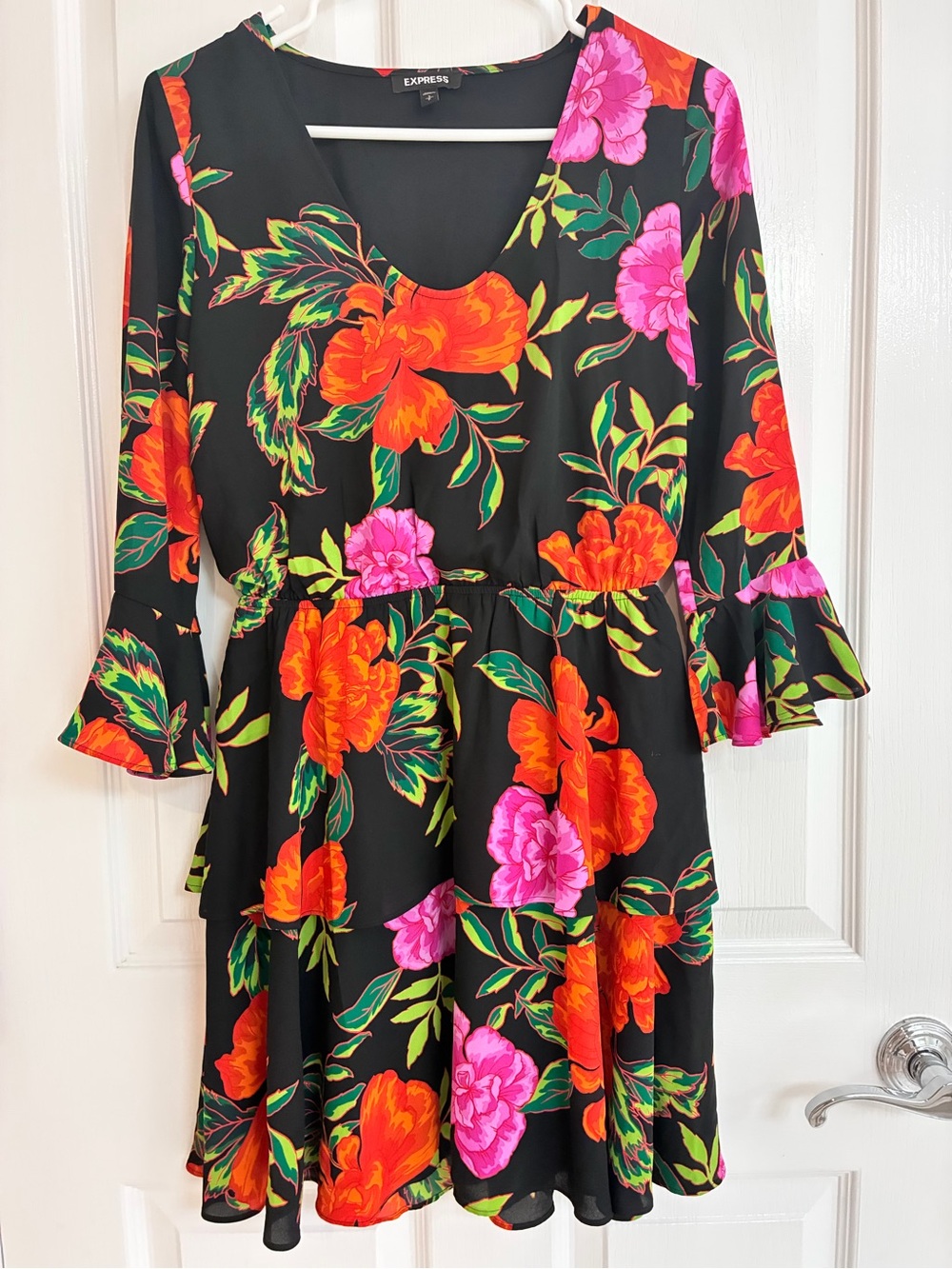 Express Black Mini Dress with Bright Orange & Pink Floral Print